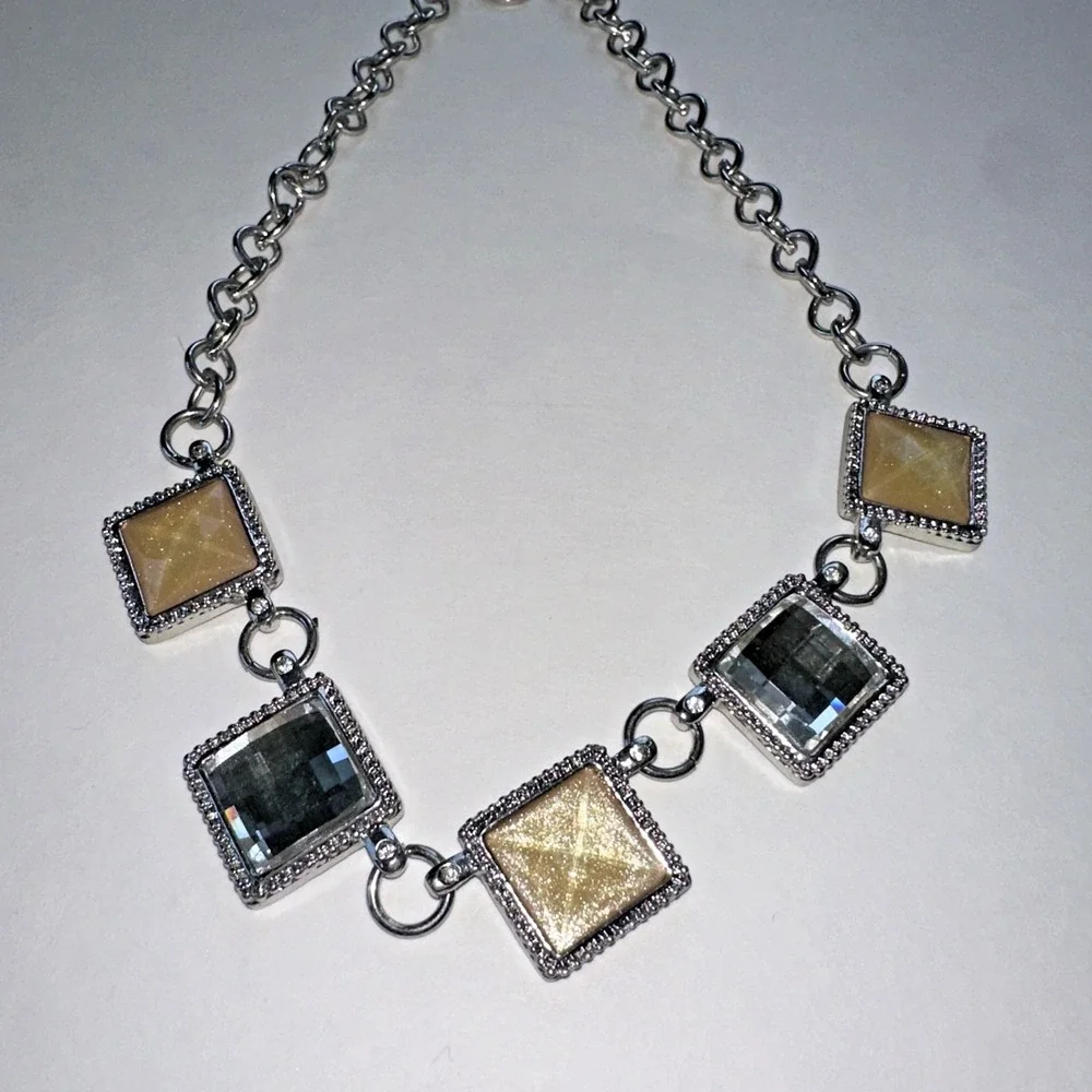 White House Black Market Necklace Women OS Silver Gold Excellent Square Crystal